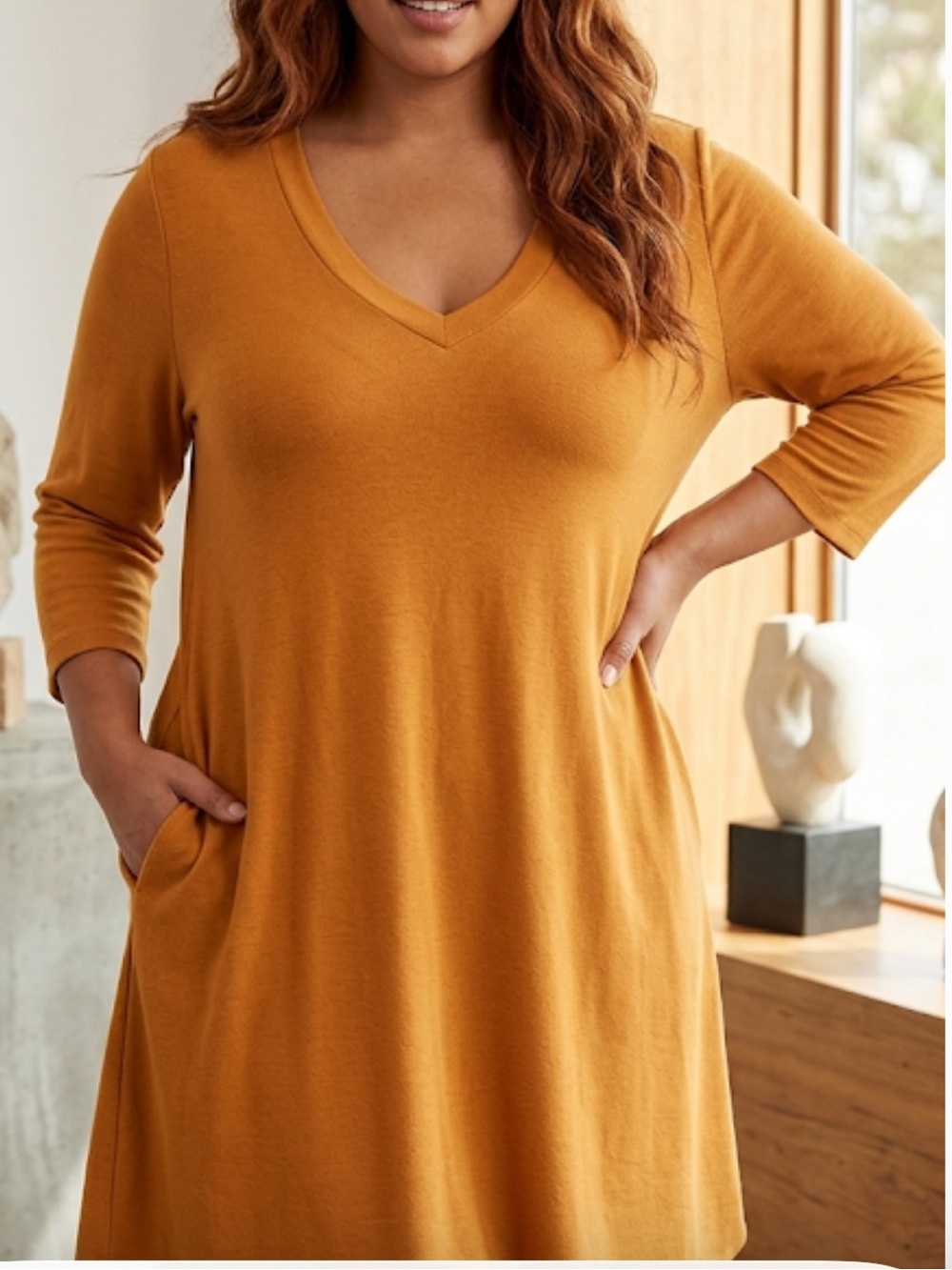 ANDREE BY UNIT Classic Mustard V-Neck‎ 3/4 Sleeve A-Line Dress